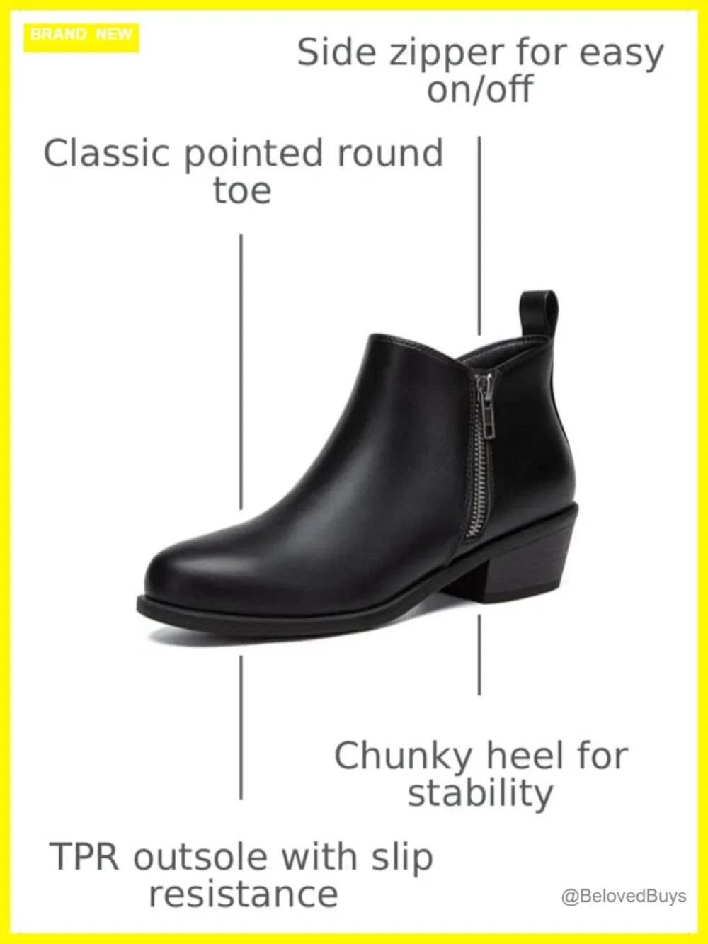 Chunky Low Heel Ankle Boots with Side Zipper PU Leather Round Toe